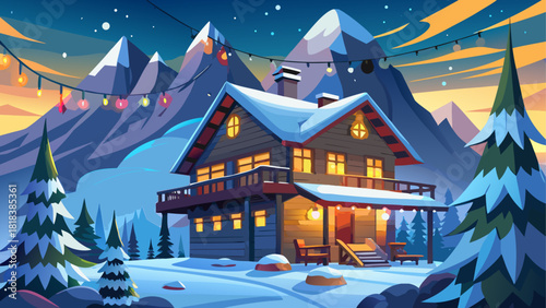 Winter cabin scene with snowy mountains