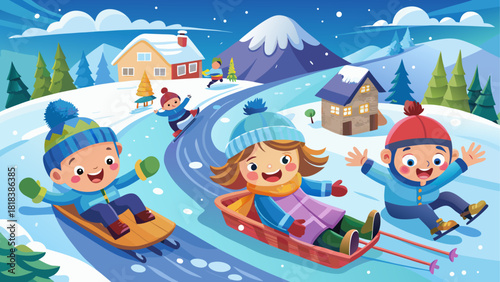 Children sledding down snowy hill in winter