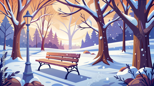 Winter park scene with bench and trees