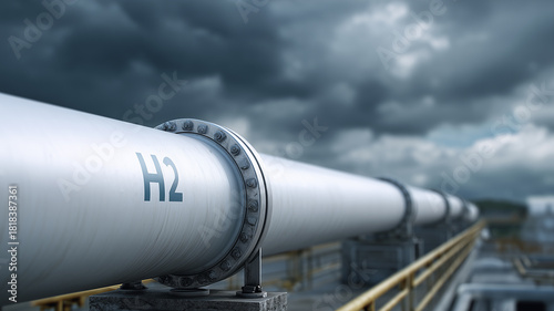 Metal Pipeline with H2 Label Under Dramatic Sky, Industrial Infrastructure for Energy Sector and Transportation of Hydrogen Gas