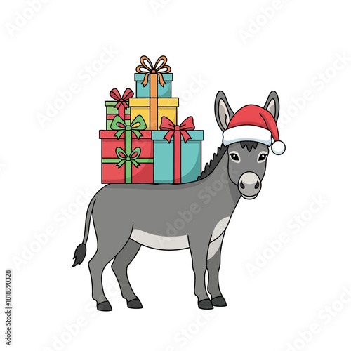 Cute Donkey Wearing Santa Hat Carrying Christmas Presents.