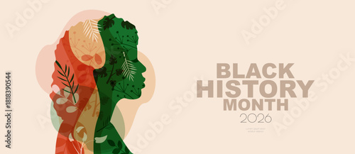 Black History Month 2026 banner. Silhouette of a woman with floral elements.	