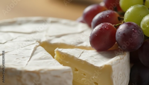 Soft ripened brie wheel with cut slice and fresh grapes suggesting gourmet tasting and wine pairing