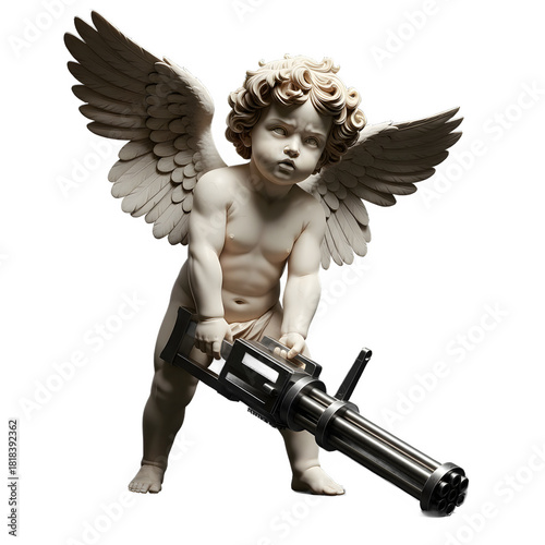 A cherubic statue of an angel, holding a large machine gun, a juxtaposition of innocence and violence.