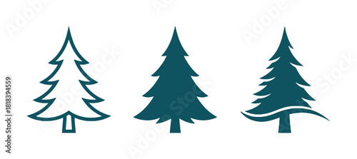 Three stylized evergreen trees in teal silhouette