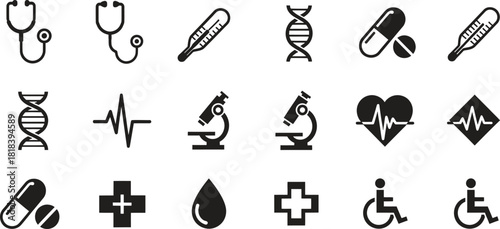Medical Healthcare Icons Set on White Background Various Diagnostic Tools Symbols