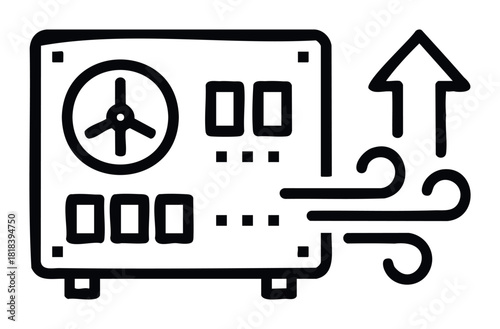 Minimalist air conditioning unit symbol depicting a cooling or heating appliance with upward airflow, suitable for HVAC system diagrams, environmental presentations, and digital