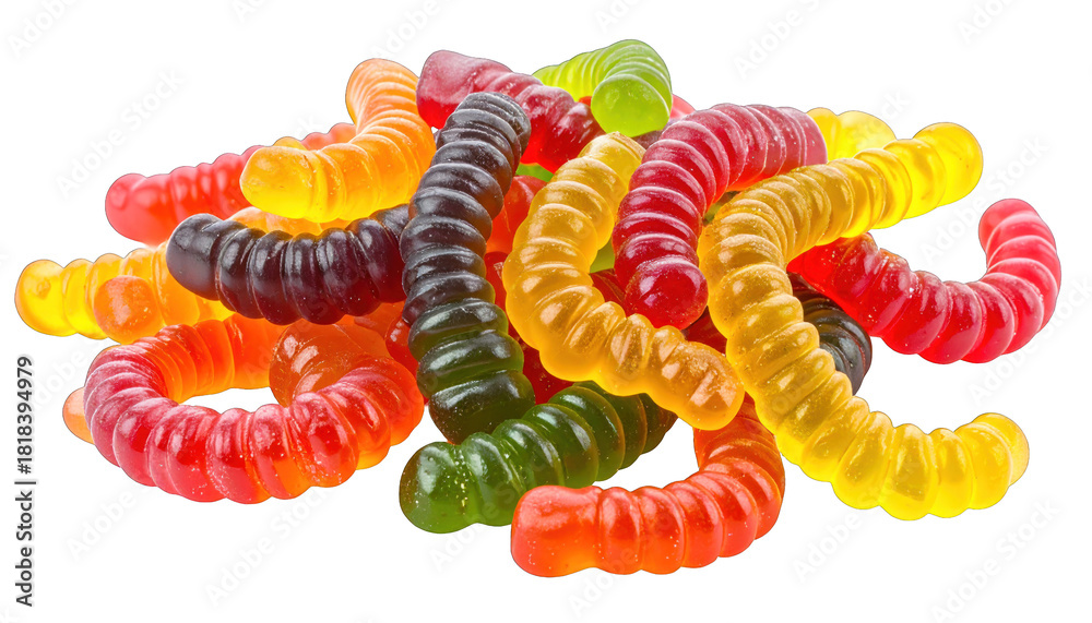 Naklejka premium A vibrant pile of gummy worm candies in a variety of colorful fruit flavors
