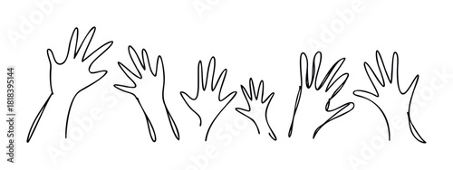 Minimalist black outline drawing of diverse raised hands representing community, participation, and unity, suitable for social media, educational materials, or awareness campaigns.