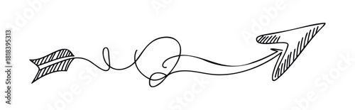 Hand drawn arrow indicating a clear forward direction with a winding path and a stylized feathered tail ideal for dynamic navigation guides or process flow diagrams