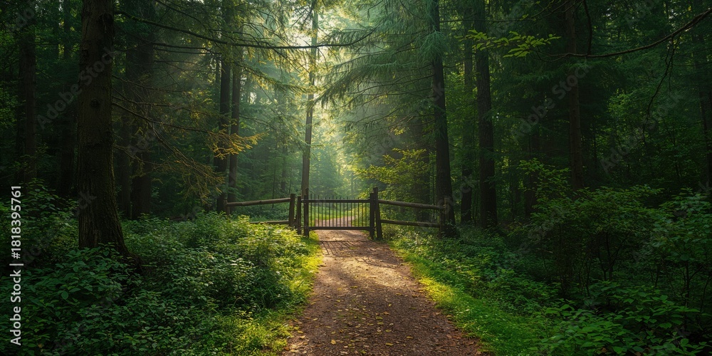 Obraz premium Morning mist over a forested camping site, emphasizing natural scenery and seasonal change