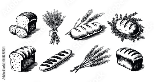 Collection of handdrawn bread loaves and wheat ears depicting traditional bakery staples and grain harvest for food branding, healthy eating resources, or agricultural marketing.