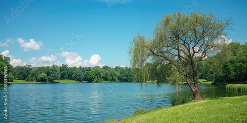 Fototapeta Naklejka Na Ścianę i Meble -  Park with a lakeside setting featuring water and sky during summer, emphasizing natural landscape and travel appeal