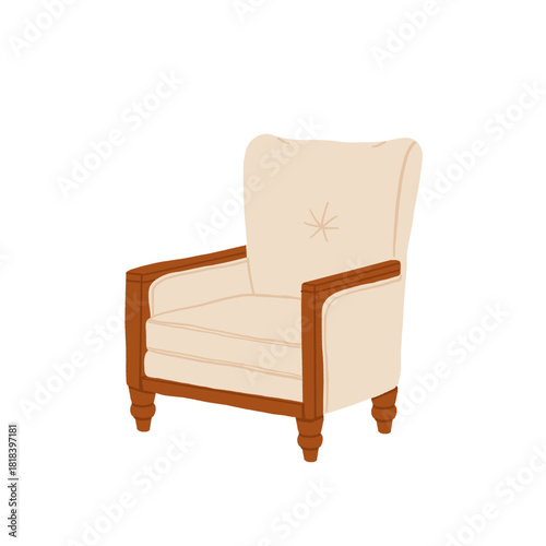 Cozy beige armchair illustration. Soft comfortable reading chair, warm interior furniture element, cute cartoon home decor seat for hygge living room, autumn or winter cozy home design.