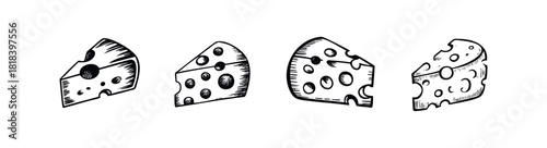Assorted hand drawn cheese wedge doodles with characteristic holes are ideal for culinary branding, restaurant menus, or food packaging designs.
