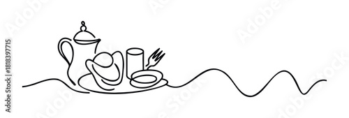 Continuous line drawing of breakfast items including a teapot, teacup, glass, plate, and fork, ideal for food service promotions or culinarythemed graphic content