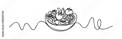 Continuous line drawing of a bowl filled with fresh garden vegetables perfect for promoting healthy eating, organic food, and culinary experiences.