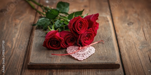 Red roses and a heart on wo...