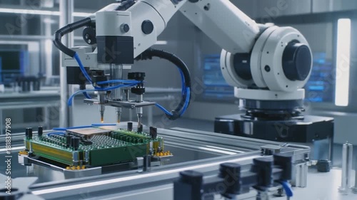 Advanced Industrial Robot Arm Manufacturing Electronic Components.