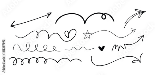 Hand drawn arrow and line collection featuring diverse styles like wavy, curved, zigzag, and straight directions, ideal for emphasizing important information or guiding user attention in