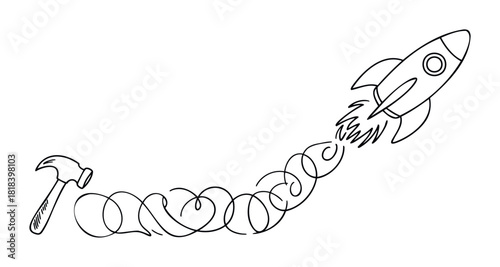 This dynamic black and white line drawing depicting a hammer initiating the launch of a rocket can be used for projects about innovation, construction, development, progress, or starting