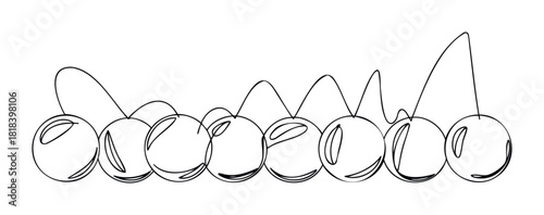 Continuous line drawing of eight cherries in a minimalist style, perfect for contemporary food packaging, healthy eating campaigns, or unique kitchen decor projects.