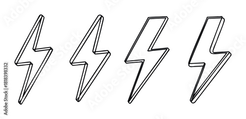 Stylish linear lightning bolt outlines symbolizing dynamic electrical power and sudden energy bursts suitable for modern digital graphic icons warning signs or powerful technology branding