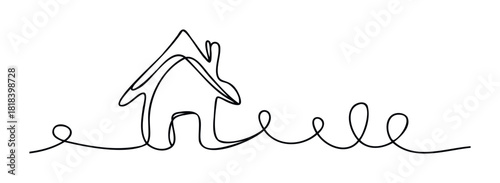 Minimalist continuous line drawing depicting a house with flowing abstract loops, ideal for real estate presentations, architectural business branding, and modern home decor concepts.