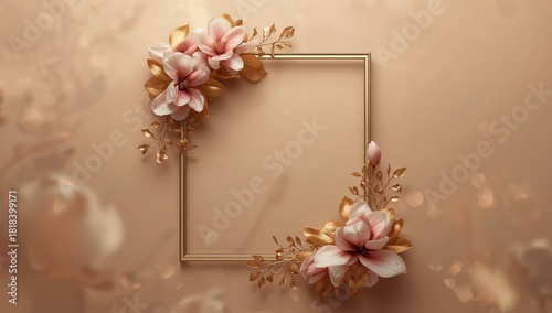 Magnolia floral border around a wedding frame set against a tan background, suitable for wedding invitations or photo displays