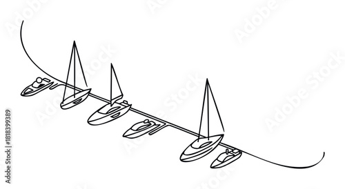 Minimalist line drawing of various boats, including sailboats and motorboats, moored along a curved dock, perfect for marine travel and leisure publications