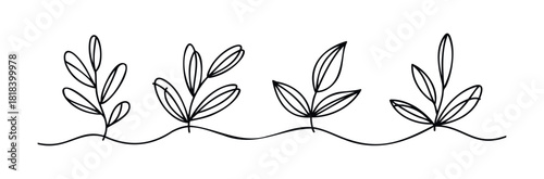 Hand drawn minimalist black line sketches of small leafy plants arranged in a row signifying natural growth, fresh beginnings, and botanical inspiration for various graphic projects.