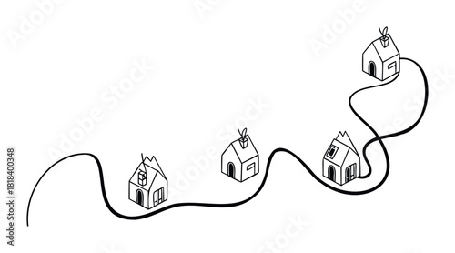 Minimalist isometric line art homes linked by a continuous flowing line representing connectivity and residential areas perfect for urban planning or property brochures