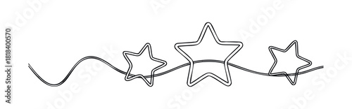 Elegant and simple graphic depicting three outlined stars seamlessly woven into a continuous, wavy single line, perfect for a subtle decorative element in various graphic design