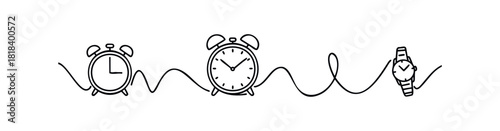 Minimalist continuous line drawing of various time devices including an alarm clock and wrist watch symbolizing time management productivity and daily scheduling for modern lifestyle