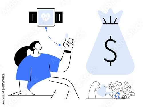 Person using smartwatch for health tracking and low-cost savings techniques represented by a money bag. Ideal for health tech, personal finance, eco-friendly living, technology, wellness, fitness