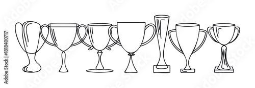 Set of various victory trophy cups and award prizes representing success and achievement, ideal for sports, business, or academic recognition graphics.