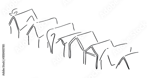 Simple linear drawing depicting abstract geometric houses in a progressive diagonal sequence, ideal for architectural visualization, urban planning, and business growth presentations