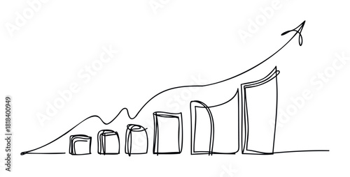Continuous line drawing of an ascending bar graph and a curving line graph with an arrow, depicting business growth and financial success, suitable for corporate presentations and economic