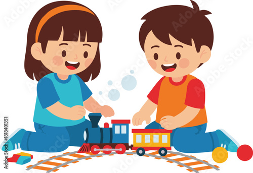 Cute illustration of two cheerful children sitting and happily playing together with a small colorful toy train set on a winding track, symbolizing collaborative playtime and joy.