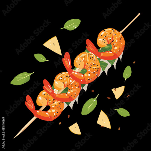 Dynamic Arrangement of Grilled Shrimp Skewers with Fresh Mint Leaves, Orange Zest, and Black Pepper for a Zesty Appetizer - Vector Illustration