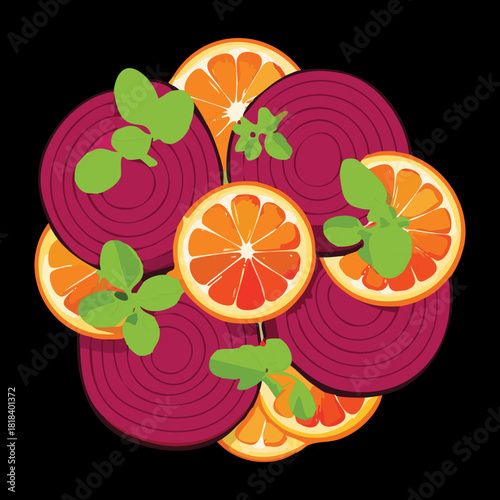 Vibrant Abstract Arrangement of Slices of Grapefruit, Blood Orange, Red Onion, and Mint Leaves for a Fresh Salad Display - Vector Illustration