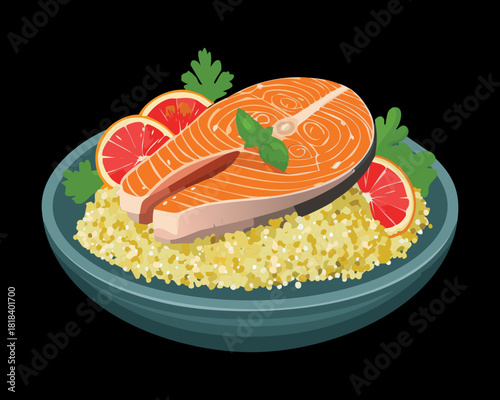 Seared Salmon Fillet on a Bed of Couscous, garnished with Grapefruit and Herbs, served on a Dark Plate for a Striking Contrast and Presentation - Vector Illustration