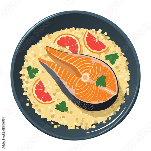 Pan-Seared Salmon Fillet served over a Bed of Fluffy Couscous with Herbs and Spices, beautifully presented in a Black Skillet - Vector Illustration