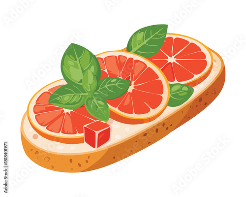 Open-Faced Toasted Sandwich topped with Cream Cheese, Sliced Grapefruit, and Fresh Basil Leaves for a Healthy and Vibrant Snack - Vector Illustration