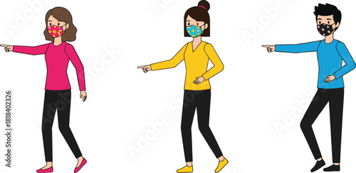 People wearing face masks pointing forward, standing in different poses, safety awareness, pandemic protection and social responsibility illustration