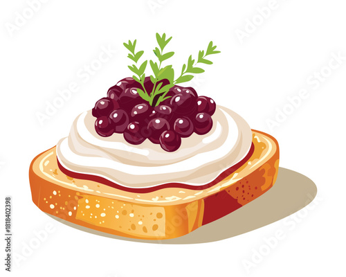 Toasted bread slice topped with creamy cheese, sweet red currant berries, and a fresh rosemary sprig, simple rustic snack - Vector Illustration