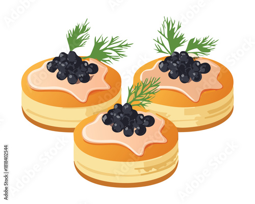 Delicious mini pancakes topped with premium black sturgeon caviar and fresh dill garnish, perfect appetizer concept - Vector Illustration