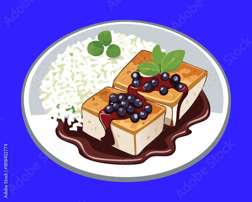 Pan-fried or braised tofu pieces soaked in a dark sauce, plated with white rice and fresh greens, a delicious plant-based dish - Vector Illustration
