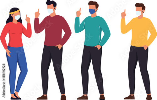 Group of people wearing protective face masks standing together with raised finger gesture, public health safety, covid pandemic prevention illustration