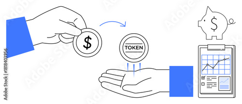 Hand holding coin transferring to open palm with token, piggy bank, and financial document. Ideal for cryptocurrency, investment, transaction, saving, fintech blockchain wealth management. Simple